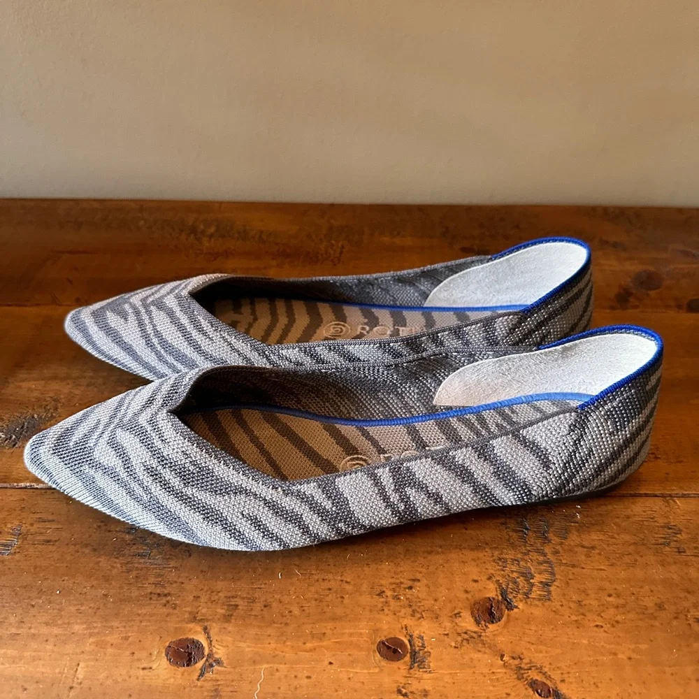 Rothy's Gray Zebra-Print Pointed Flats with Blue Trim